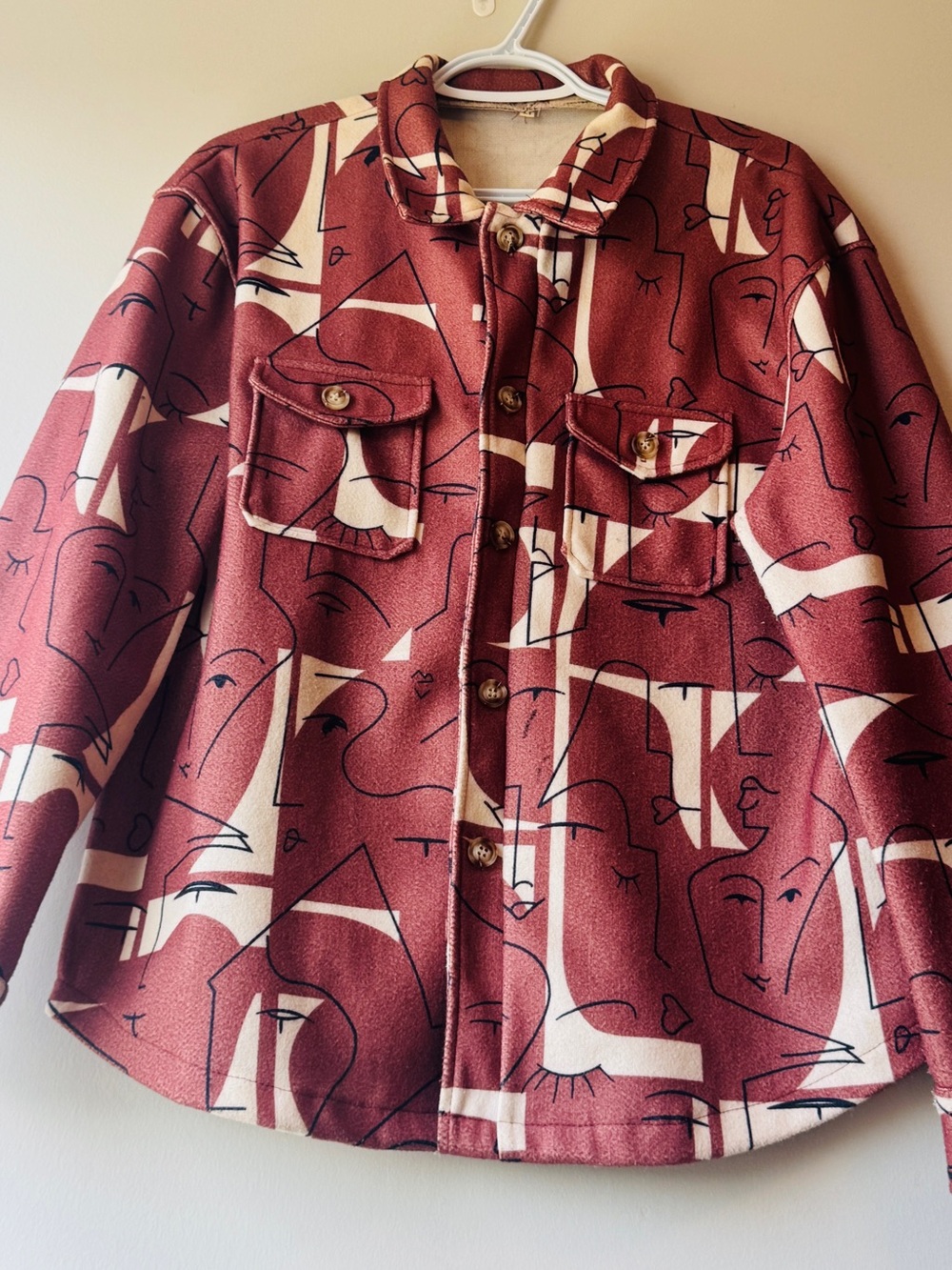 Button-Front Maroon Abstract Print Shirt Jacket - Picture 3 of 8